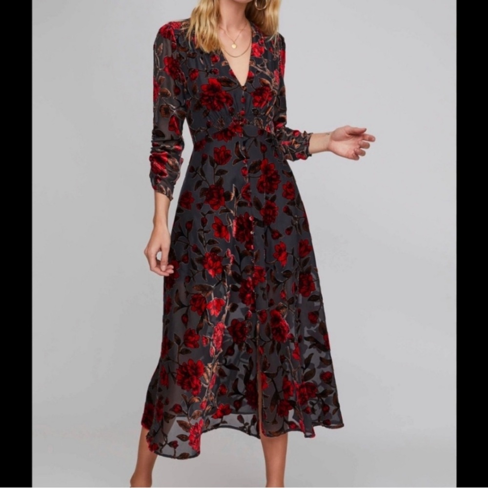 ASTR the label  Black Velvet Floral Red Velvet Roses Long Sleeve Dress size XS